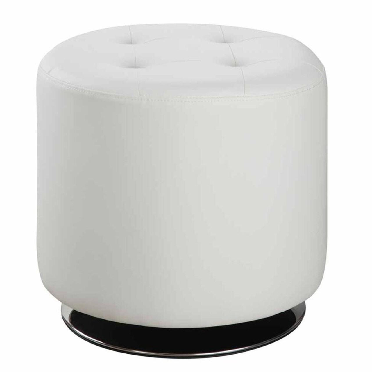 Saltoro Sherpi 18 Inch Round Swivel Ottoman, Vegan Faux Leather, Tufted Seat, White, Chrome-